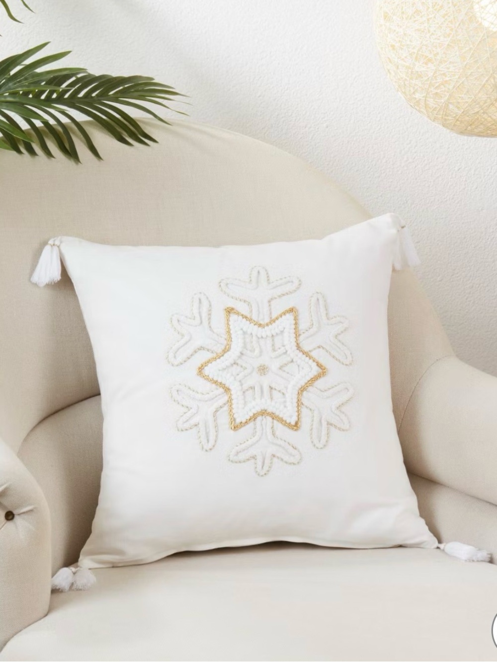 NWT Cream Holiday Snowflake Toss Pillow Cover with Gold Embroidery - 8 available